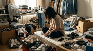 Luxury branded shopping bags slowly dissolving into dust or fading into empty space, symbolizing loss of value over time.